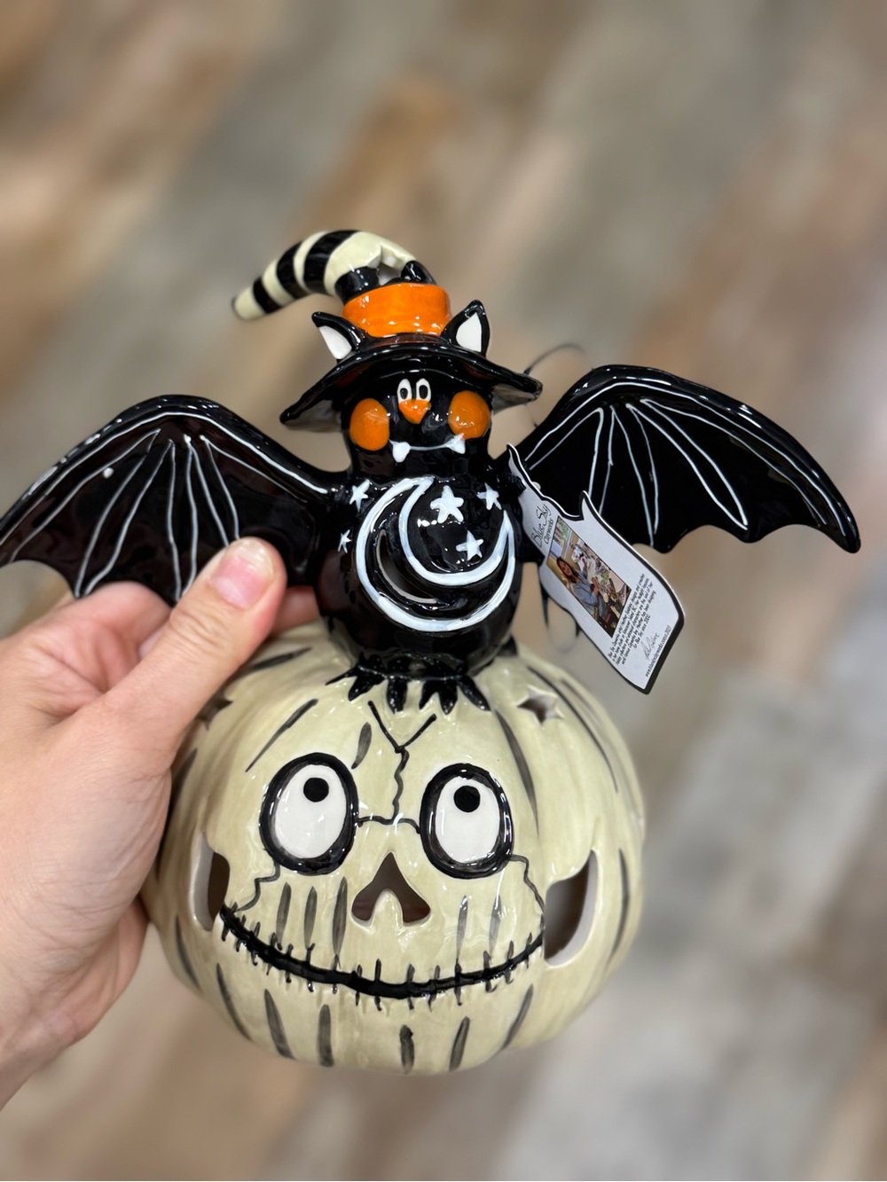 Blue Sky Black Bat Witch on Cream Pumpkin Accent with Orange Hat
